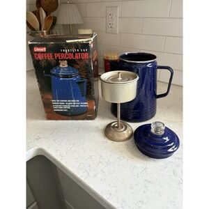 VTG Coleman Blue Speckled Enamel Coffee Percolator In Box Camping Hunting Decor